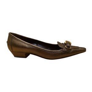 Women’s Gold Leather Buckle Accent Pointed Toe Loafers Low Heel Size EU36.